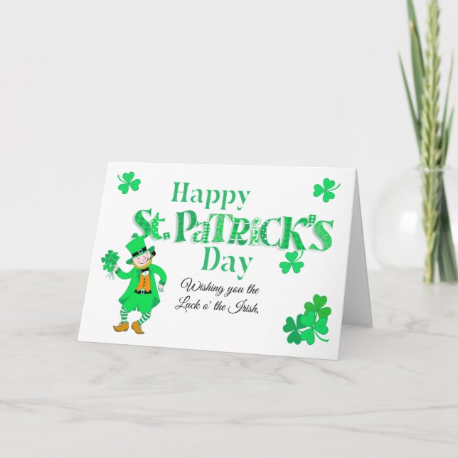 Custom Name St Patrick's Leprechaun Shamrocks Card (Front)