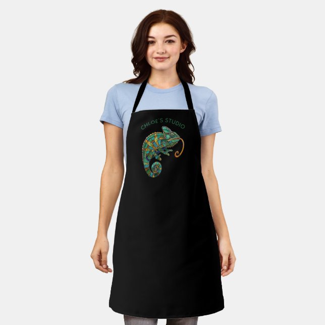 Custom Name Stained Glass Chameleon Pattern Apron (Worn)