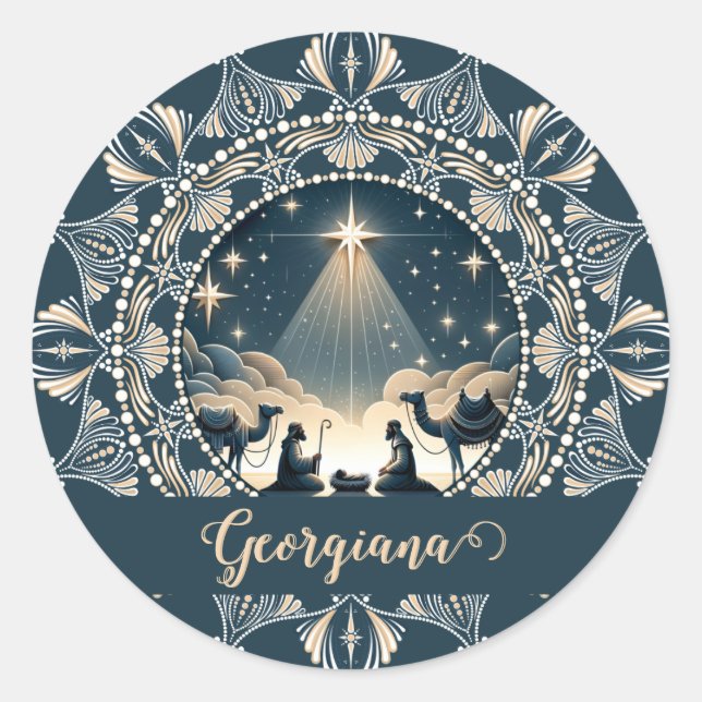 Custom Name Star of Wonder Nativity Dot Mandala Classic Round Sticker (Front)