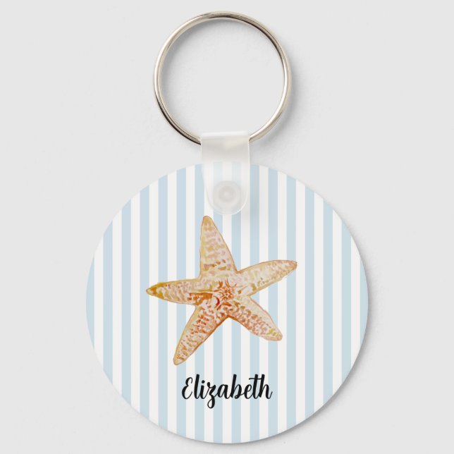 Custom Name Starfish Painting Stripe Key Ring (Front)