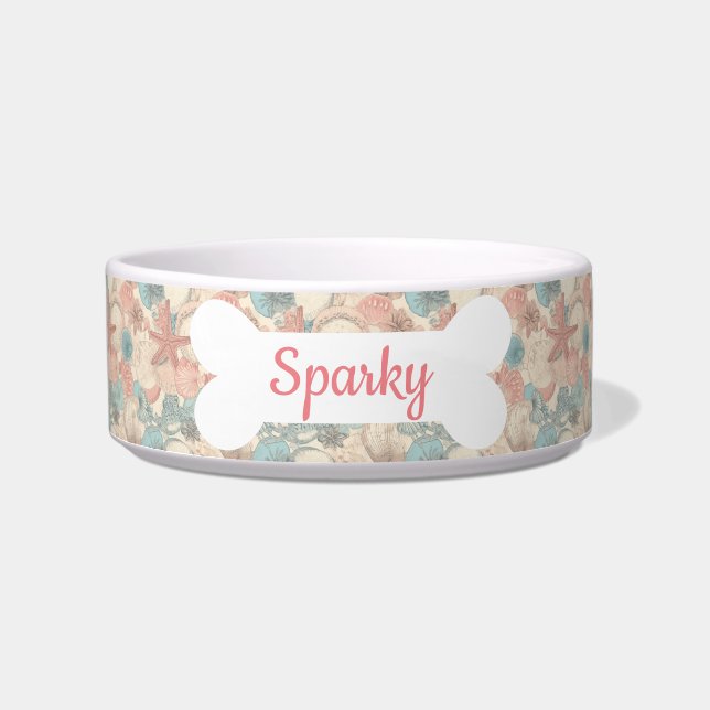 Custom Name Starfish Sea Shells Pet Dog Bowl (Front)
