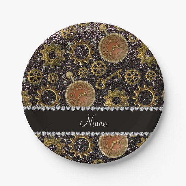 Custom name steampunk black glitter paper plate (Front)