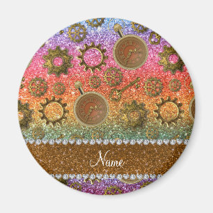Custom name steampunk bright rainbow glitter magnet