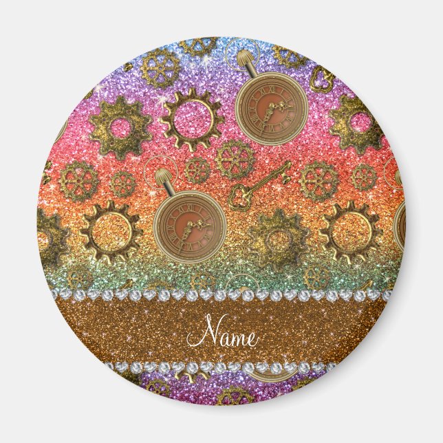 Custom name steampunk bright rainbow glitter magnet (Front)