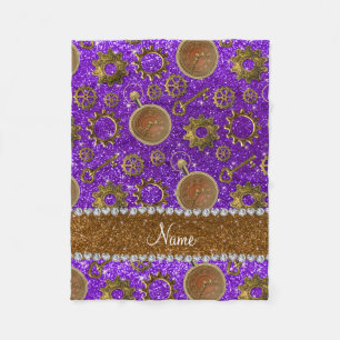 Custom name steampunk indigo purple glitter fleece blanket