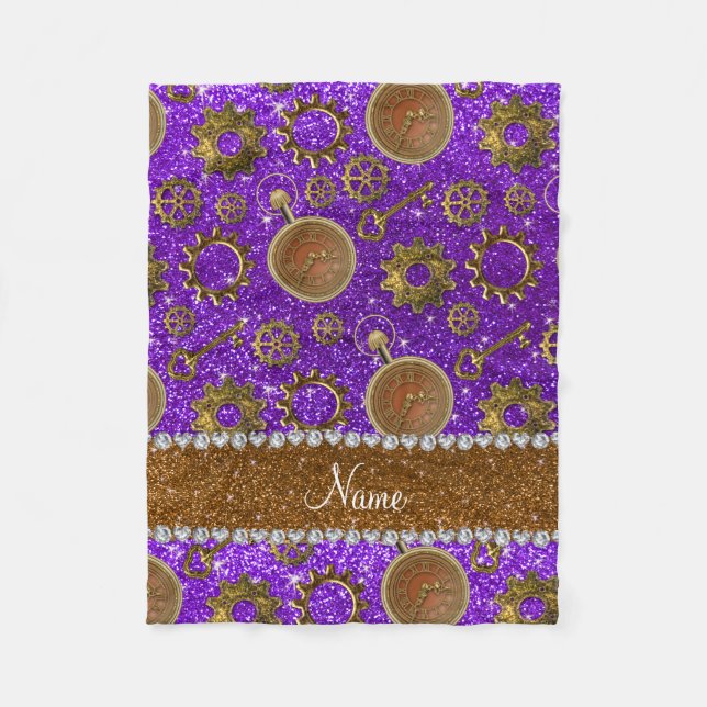 Custom name steampunk indigo purple glitter fleece blanket (Front)