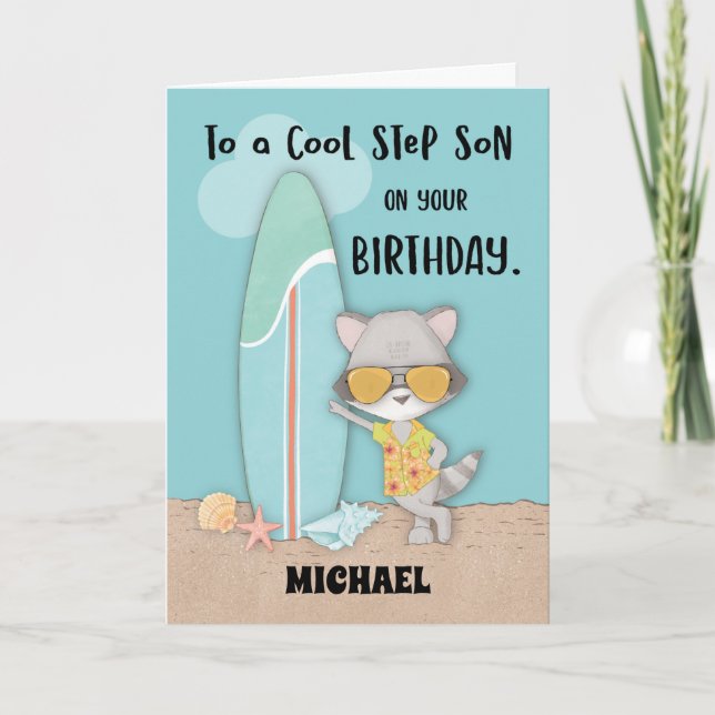 Custom Name Step Son Birthday Beach Funny Racoon Card (Front)