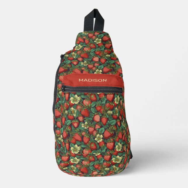Custom Name Strawberries Pattern Sling Bag (Front)