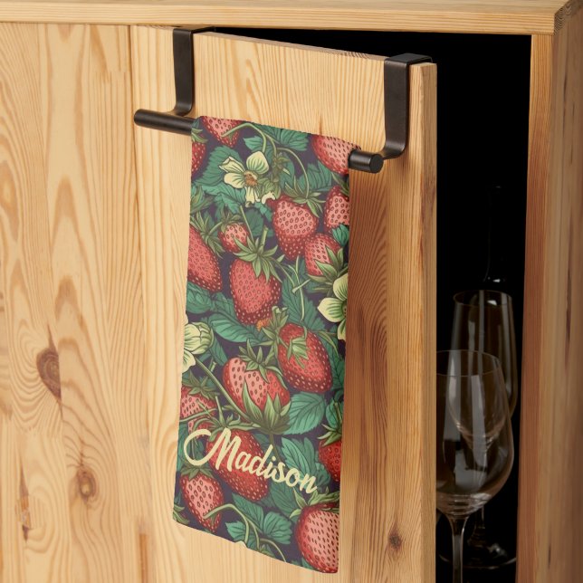Custom Name Strawberry Pattern Tea Towel (Thirds Fold)