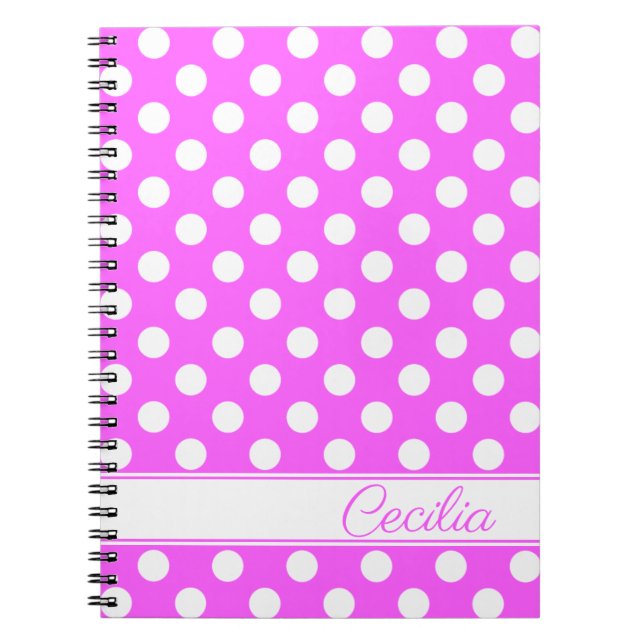 Custom Name, Striking Pink And White Dots Notebook (Front)