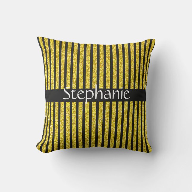 Custom Name Stripes Black Gold Golden Glitter Gift Cushion (Front)