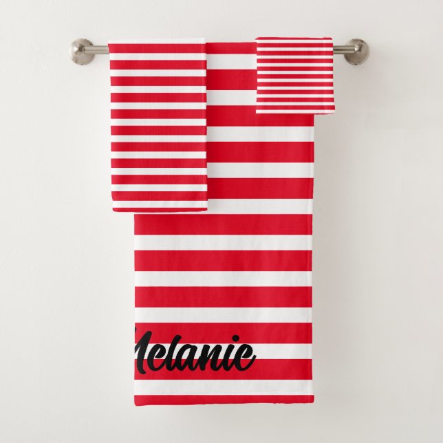Custom Name Stripes Pattern Red White Christmas Bath Towel Set (Insitu)