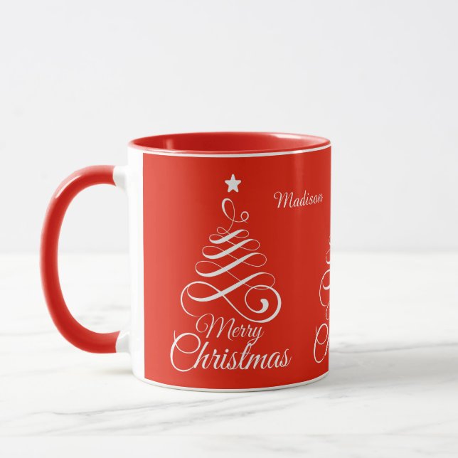 Custom name Stylised Christmas Tree mugs (Left)