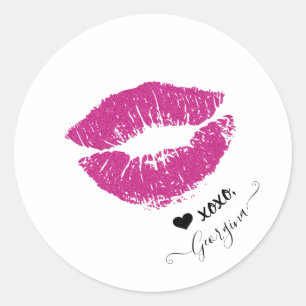 Custom Name Stylish Girl Pink Kiss Lips  Heart Classic Round Sticker
