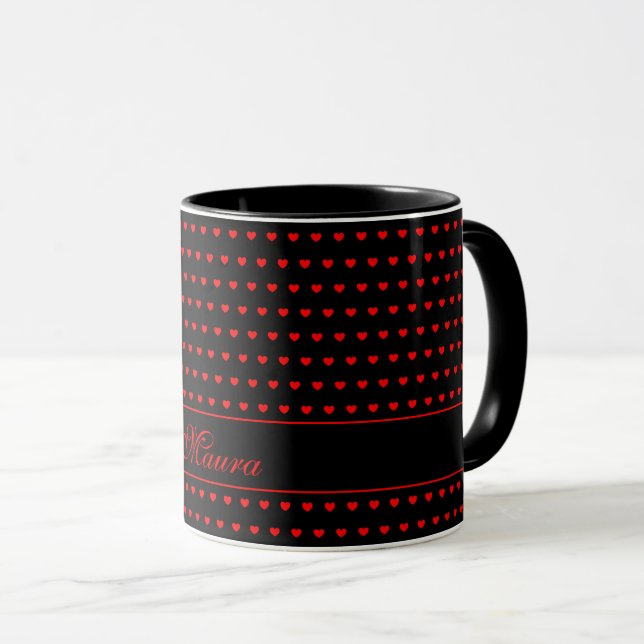 Custom Name, Stylish Red Hearts Pattern On Black Mug (Front Right)