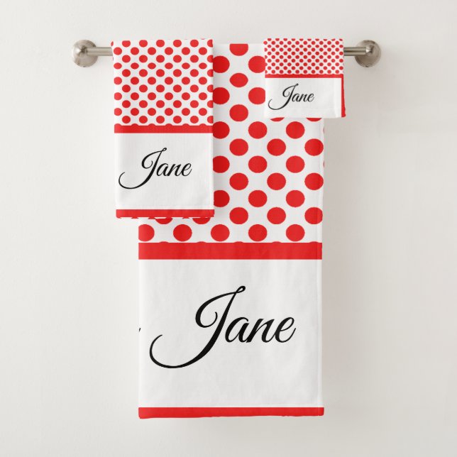 Custom name stylish red Polka dots on white Bath Towel Set (Insitu)