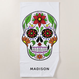 Custom name Sugar Skull beach towel
