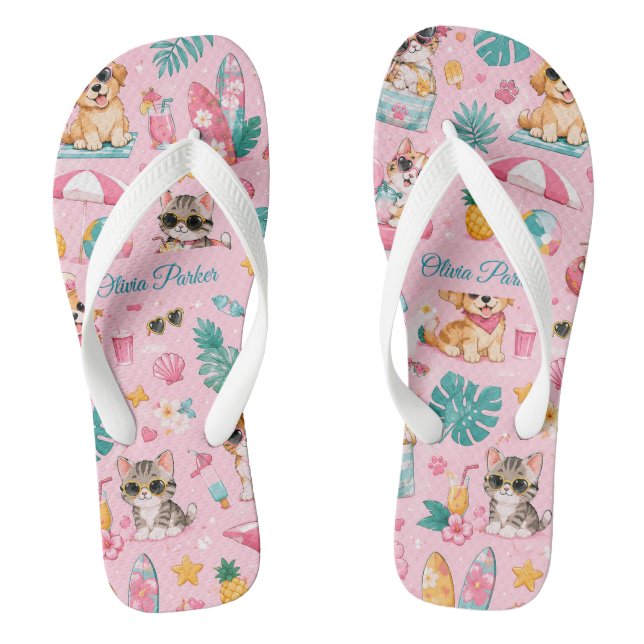 Custom Name Summer Pets Flip Flops Cute Dog & Cat (Footbed)