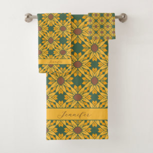 Custom Name Sunflower Pattern on Dark Green Bath Towel Set