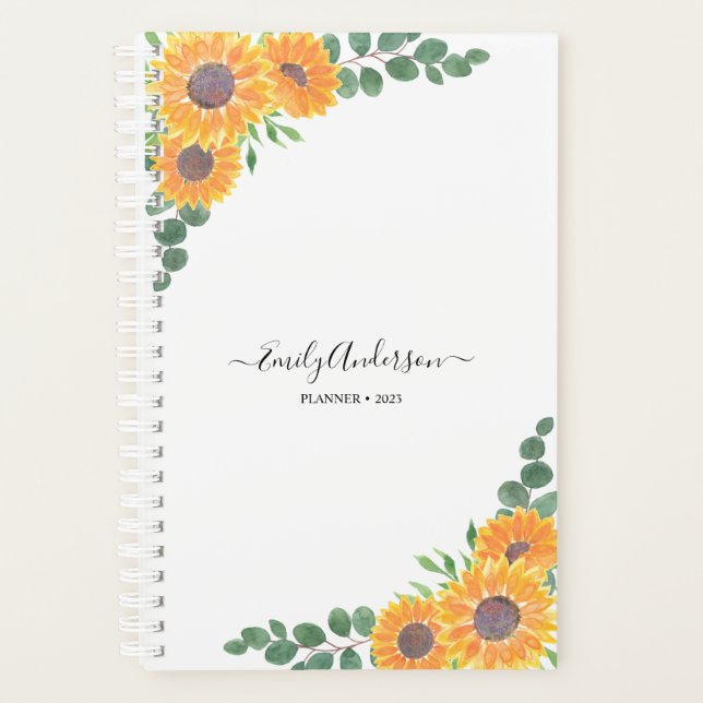 Custom Name Sunflowers Eucalyptus 2023 Planner (Front)