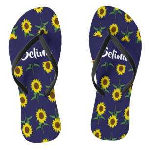 Custom name sunflowers on blue jandals