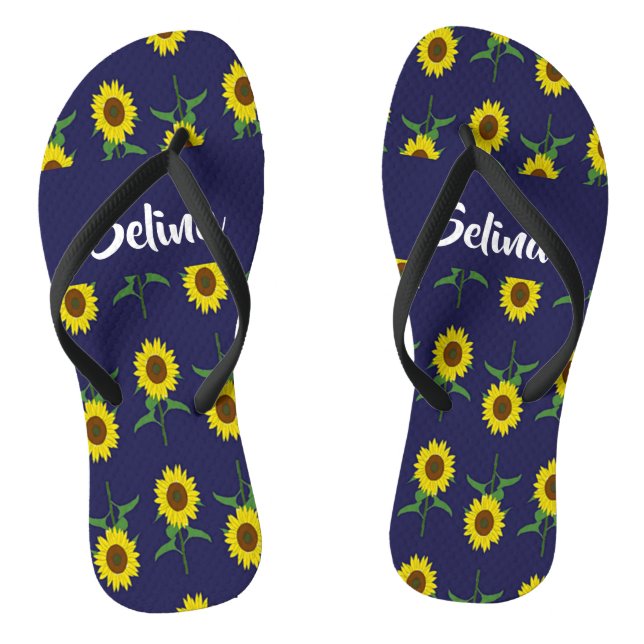 Custom name sunflowers on blue jandals (Footbed)