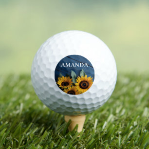 Custom Name Sunflowers on Navy Blue Wood Golf Balls
