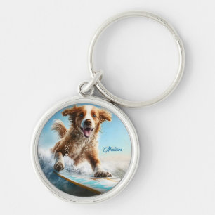 Custom Name Surfing Dog Key Ring