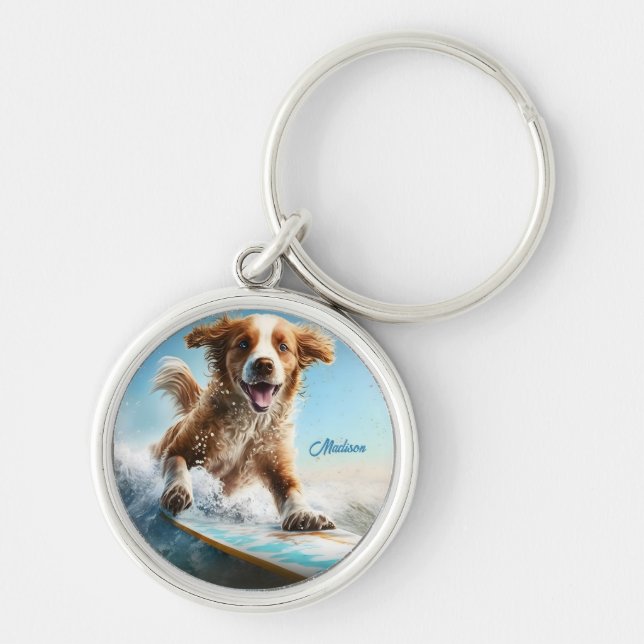 Custom Name Surfing Dog Key Ring (Front)