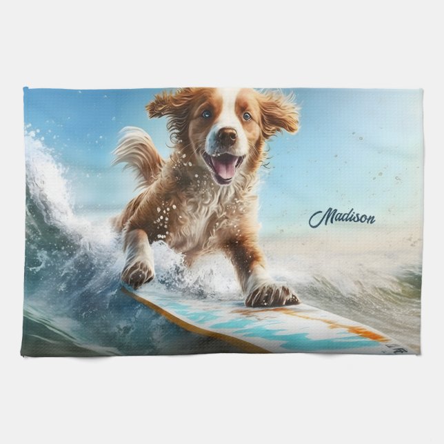 Custom Name Surfing Dog Tea Towel (Horizontal)