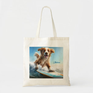 Custom Name Surfing Dog Tote Bag