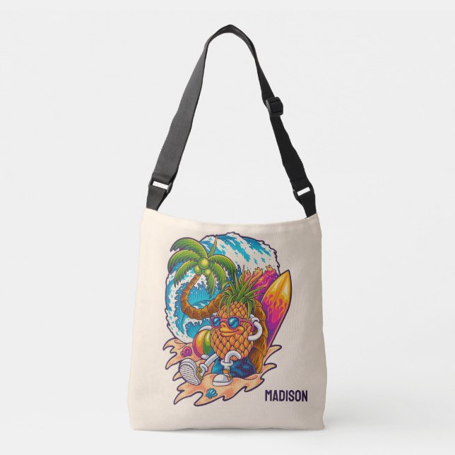 Custom Name Surfing Pineapple Crossbody Bag (Front)