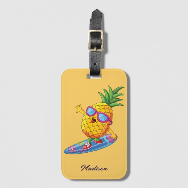 Custom Name Surfing Pineapple Luggage Tag (Front Vertical)