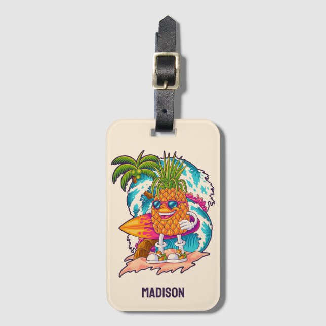 Custom Name Surfing Pineapple Luggage Tag (Front Vertical)