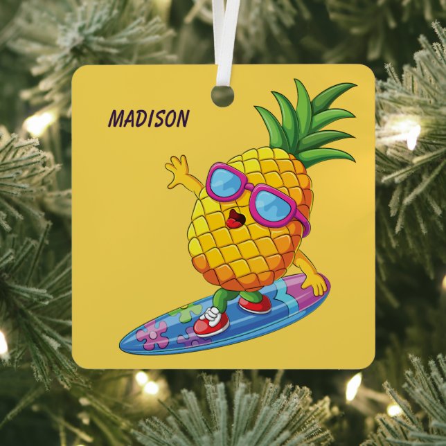 Custom Name Surfing Pineapple Metal Tree Decoration (Insitu)