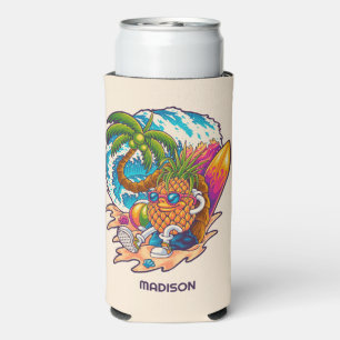 Custom Name Surfing Pineapple Seltzer Can Cooler