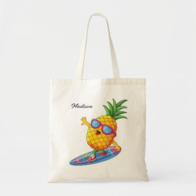 Custom Name Surfing Pineapple Tote Bag (Front)
