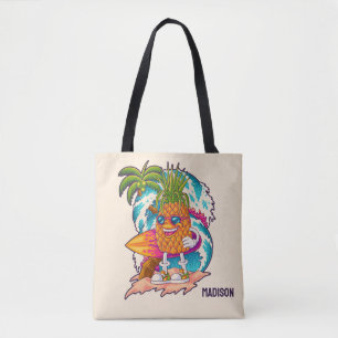 Custom Name Surfing Pineapple Tote Bag