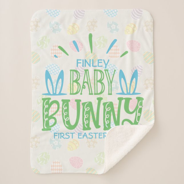 Custom NAME Sweet Baby Bunny First Easter Eggs Sherpa Blanket (Front)