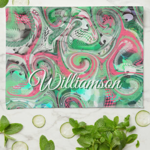 Custom Name Swirl Green Red Whimsical Abstract  Tea Towel