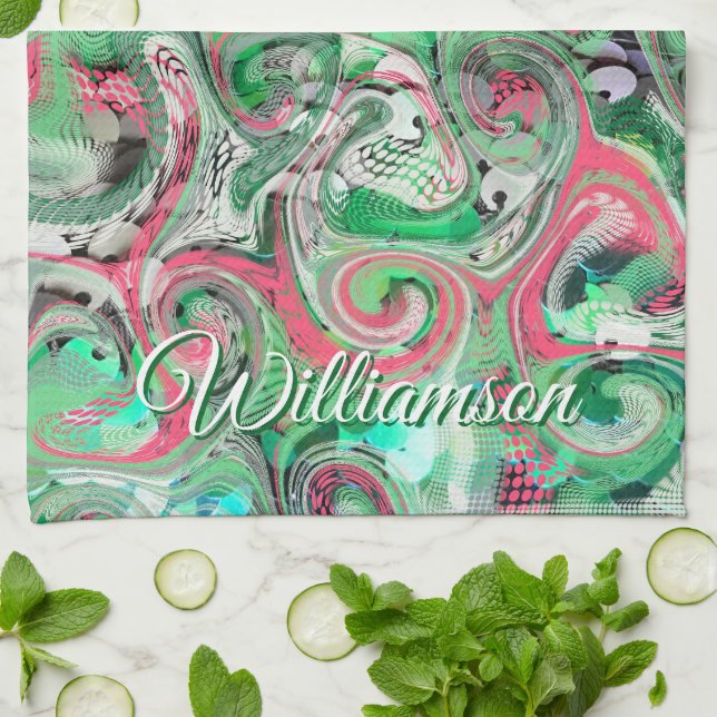 Custom Name Swirl Green Red Whimsical Abstract  Tea Towel (Folded)