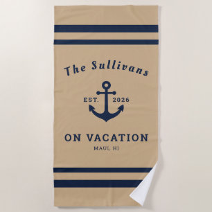 Custom Name Tan Anchor Family Vacation Beach Towel