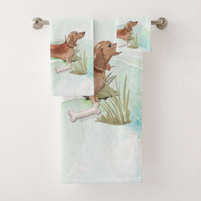 Custom Name Tan Dachshund Pet Dog Bath Towel Set (Insitu)