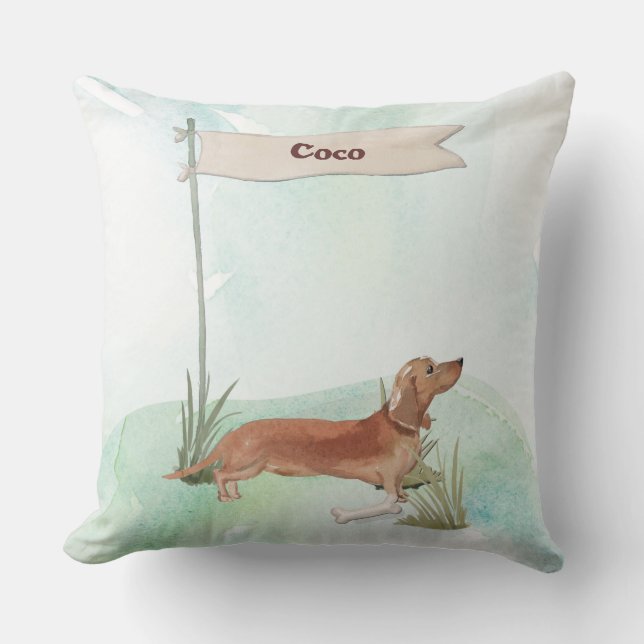 Custom Name Tan Dachshund Pet Dog Cushion (Front)