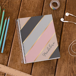 Custom Name Taupe Gray Pastel Blush Pink Stripes Planner
