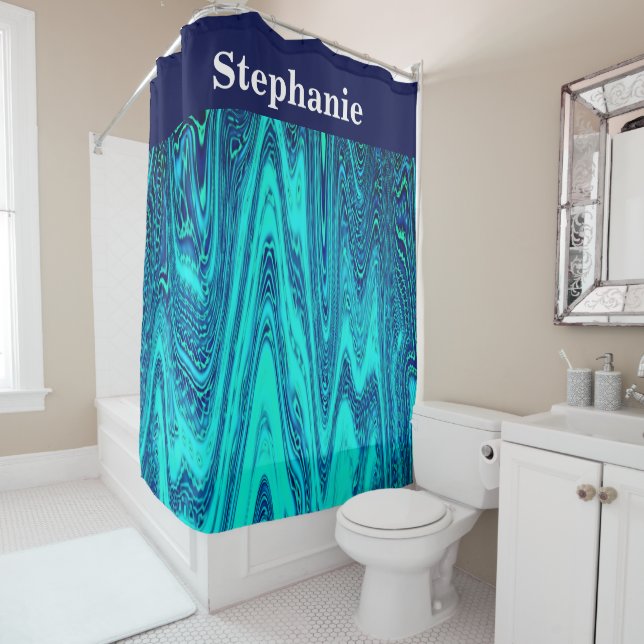 Custom Name Teal Blue Ocean Wave Abstract  Shower Curtain (In Situ)