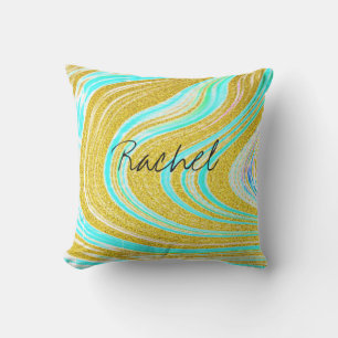 Custom Name Teal Blue Pink Gold Abstract Patterns Cushion