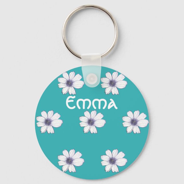 Custom Name Teal flower pattern Button Key Ring (Front)