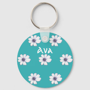 Custom Name Teal flower pattern Button Key Ring