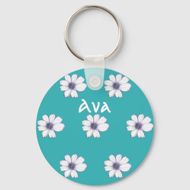 Custom Name Teal flower pattern Button Key Ring (Front)